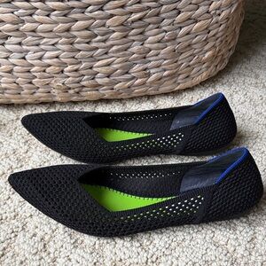 Rothy's Black Pointed Knit Flats with Lime Insole and Blue Trim